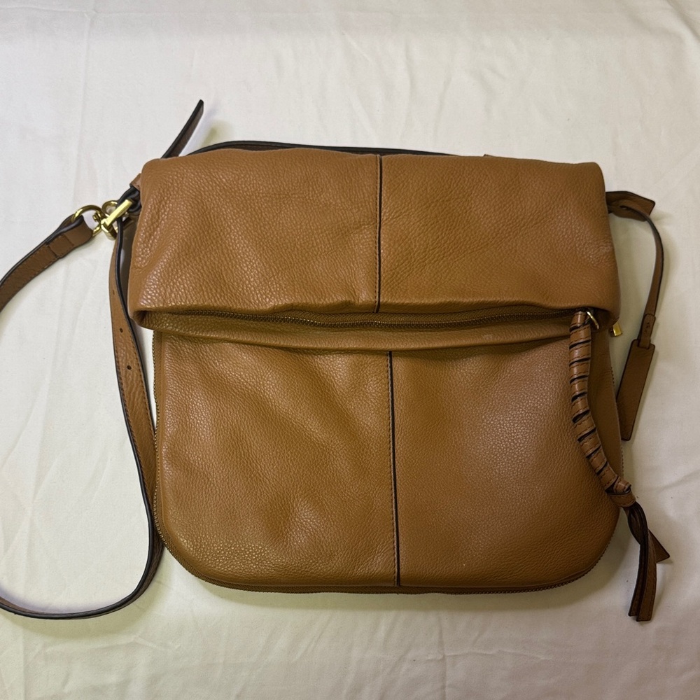 Vince Camuto Foldover Crossbody Bag – Tan Pebbled Leather